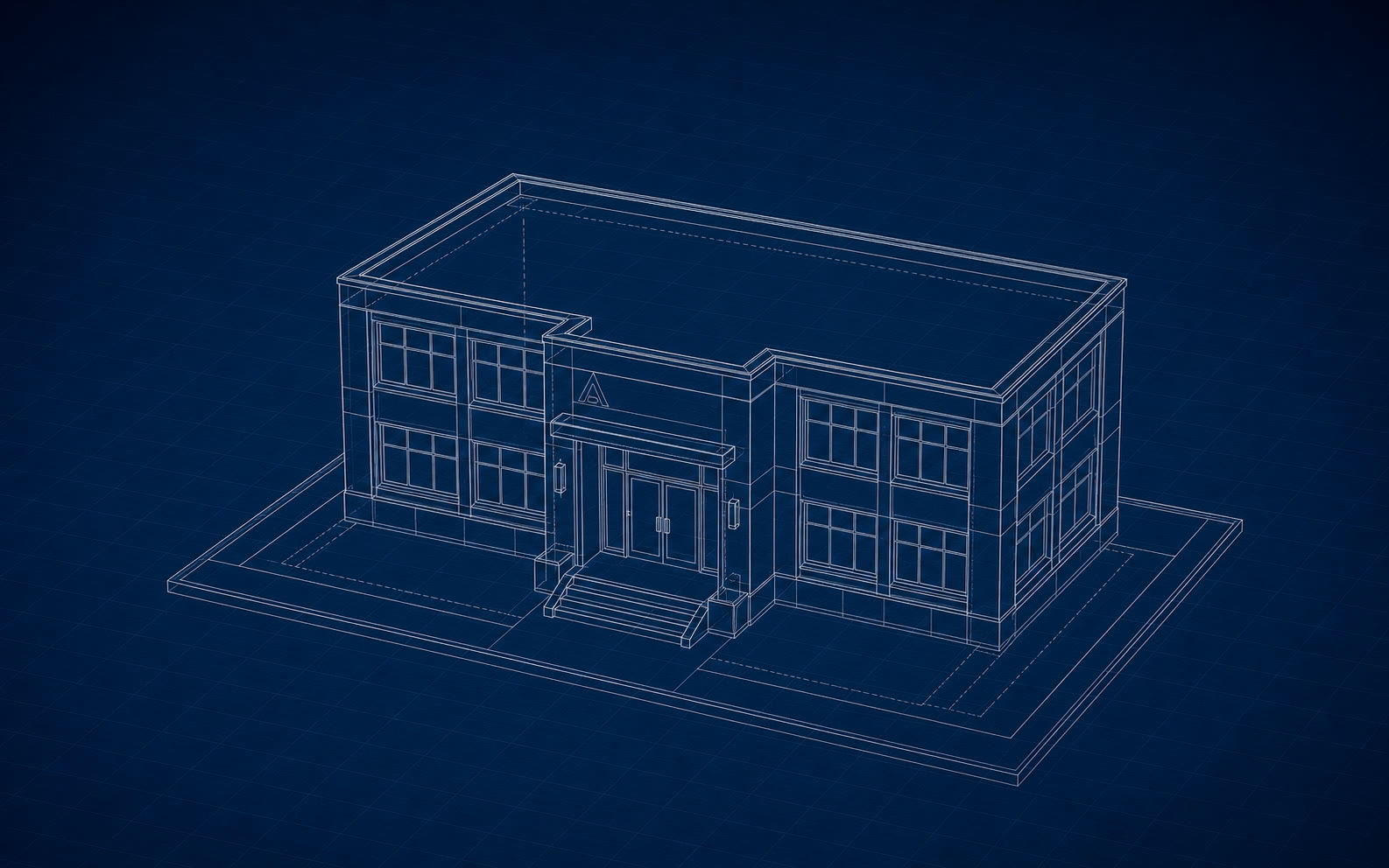 Isometric line blueprint of a compact two-storey academy