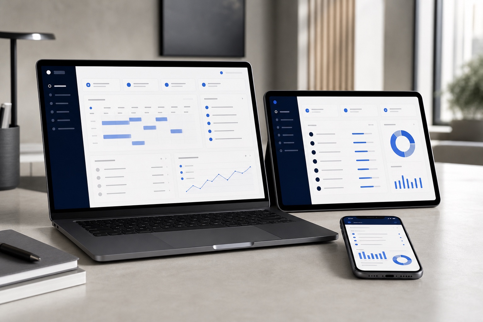 Future Akademate experiences presented across laptop, tablet and smartphone