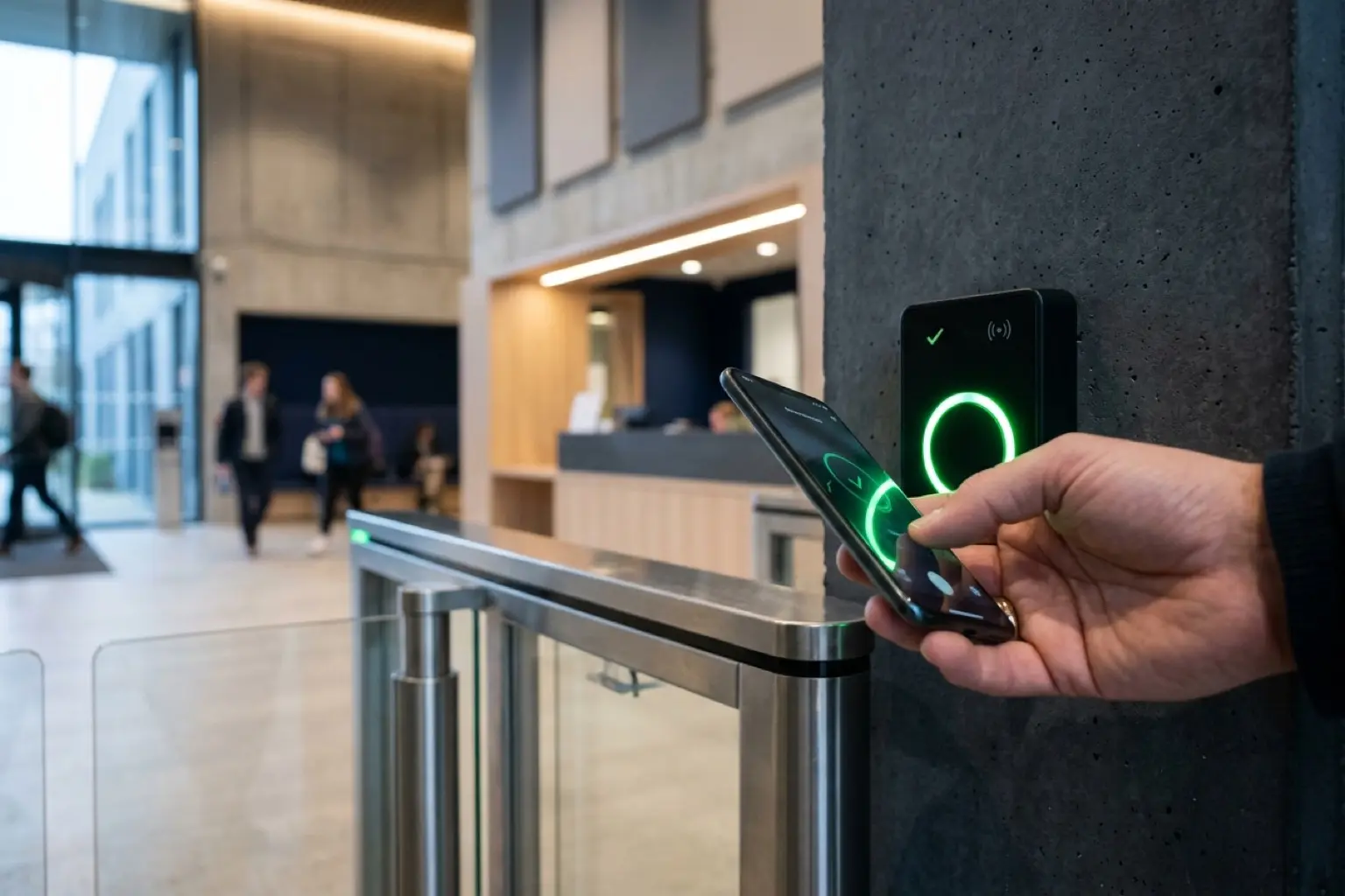 Primer plano de un móvil pasando por un lector de acceso con anillo verde en la entrada de una academia