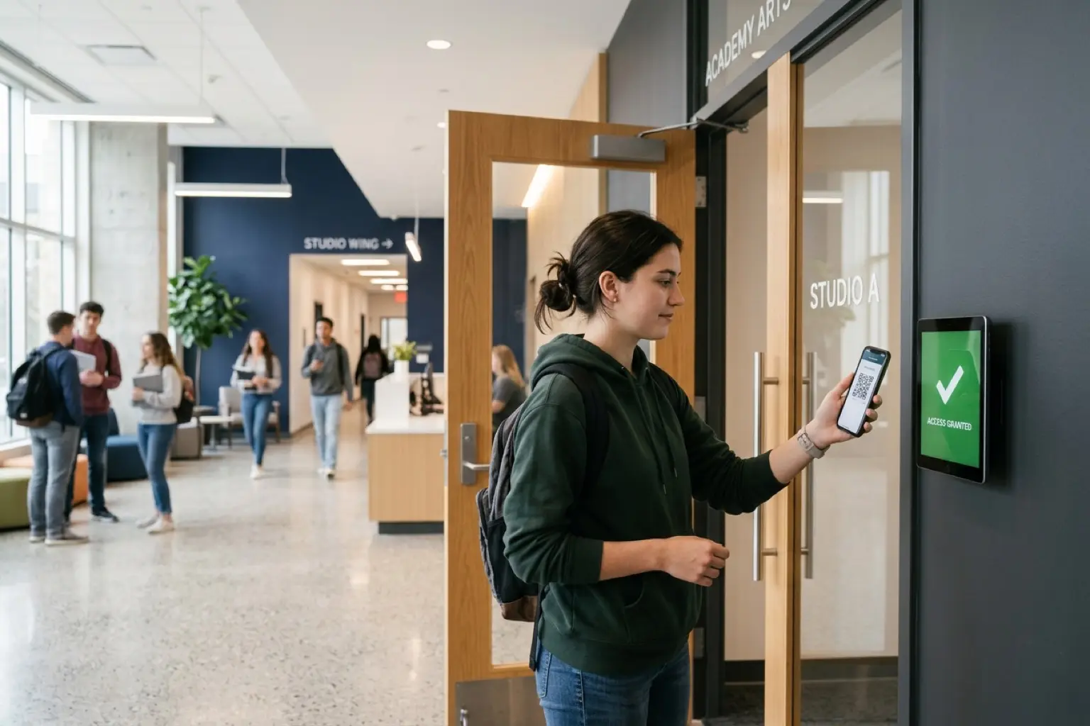 Student scanning a QR code at a wall tablet with access granted confirmation