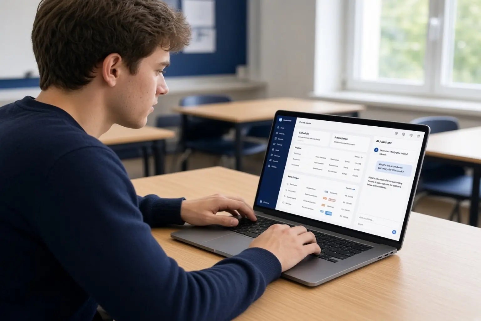 Alumno usando un asistente de IA de Akademate en un portátil