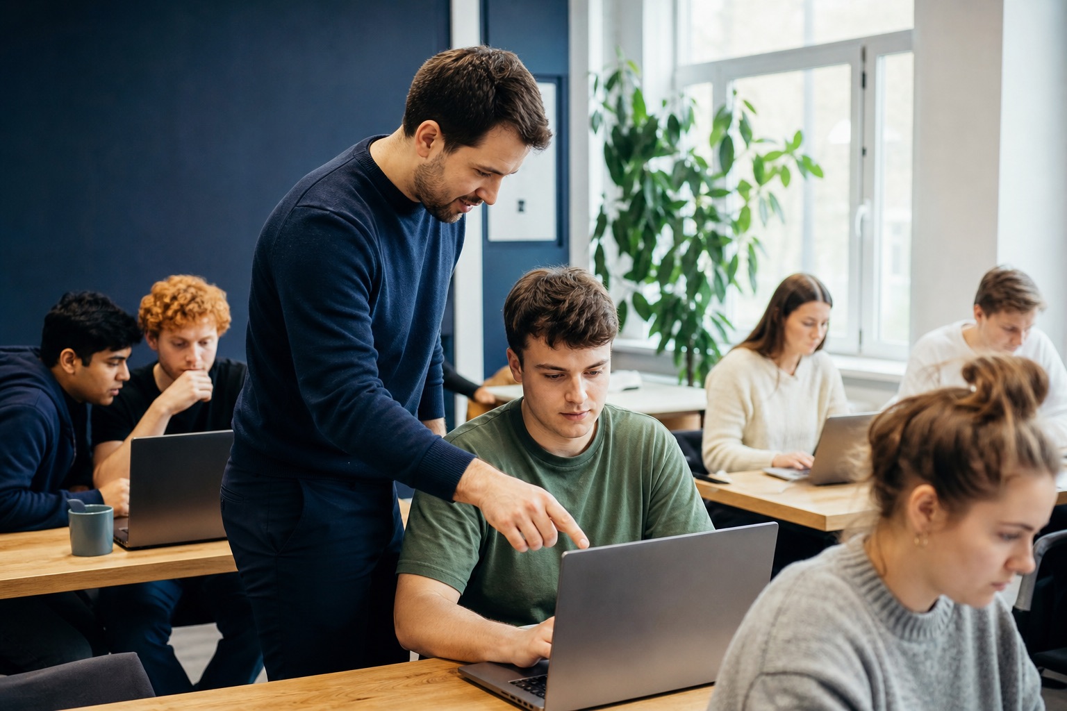 Mentor and students working together in a coding academy classroom