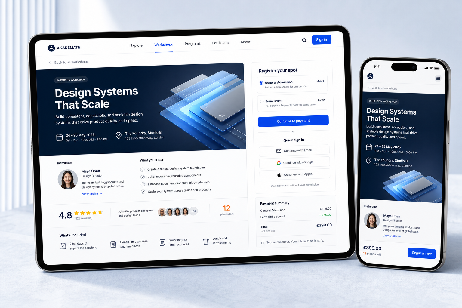 Shareable Akademate workshop page on tablet and mobile