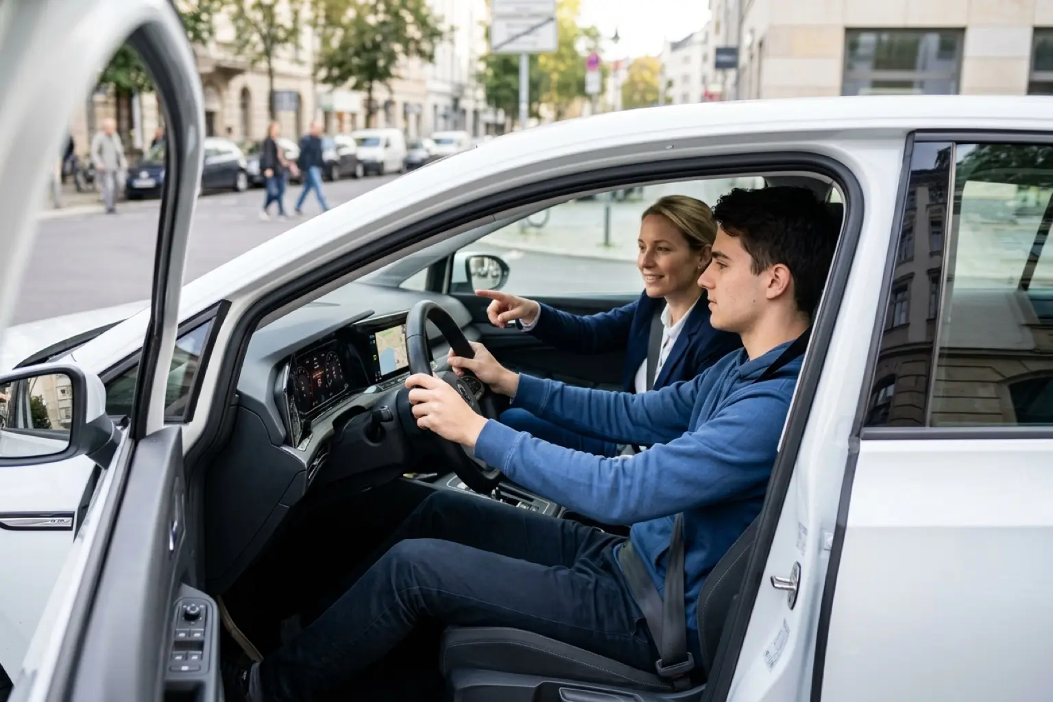 Driving instructor with a learner in a dual-control car during a lesson