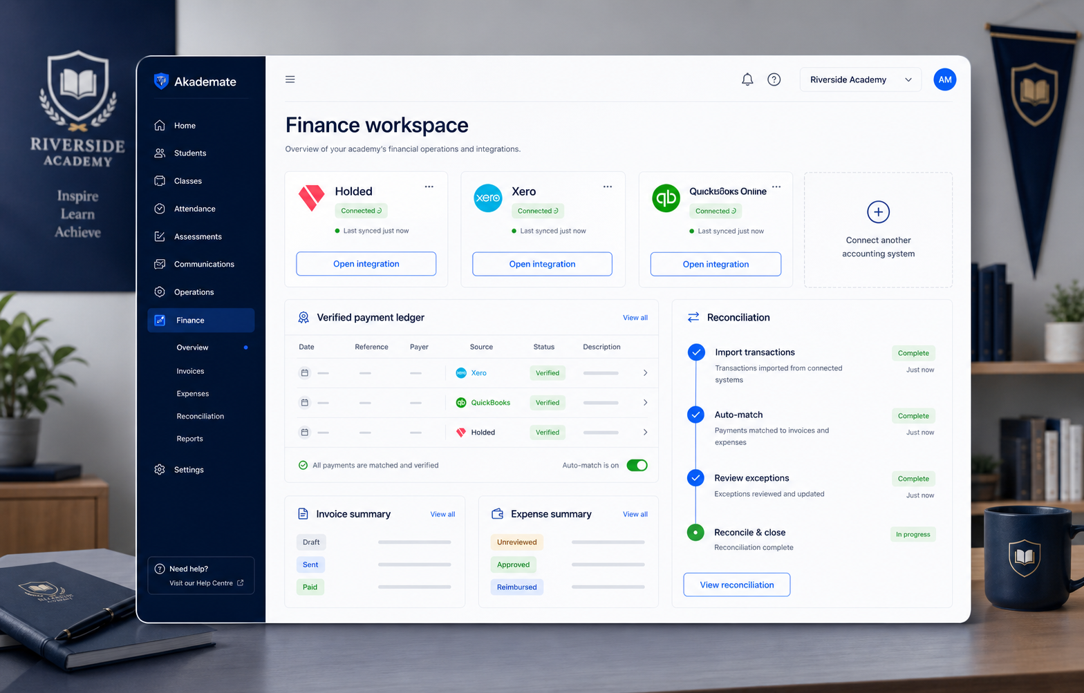 Illustrative Akademate finance workspace