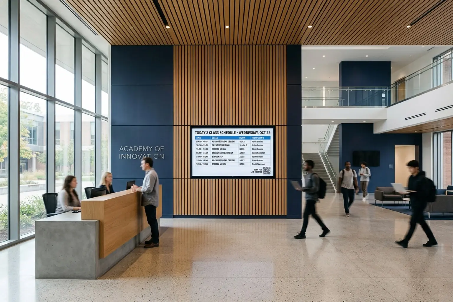 Pantalla de recepción con el horario de clases del día y un código QR