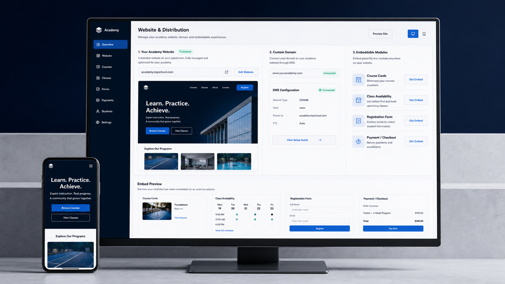 Akademate website, domain and embedded-module workspace