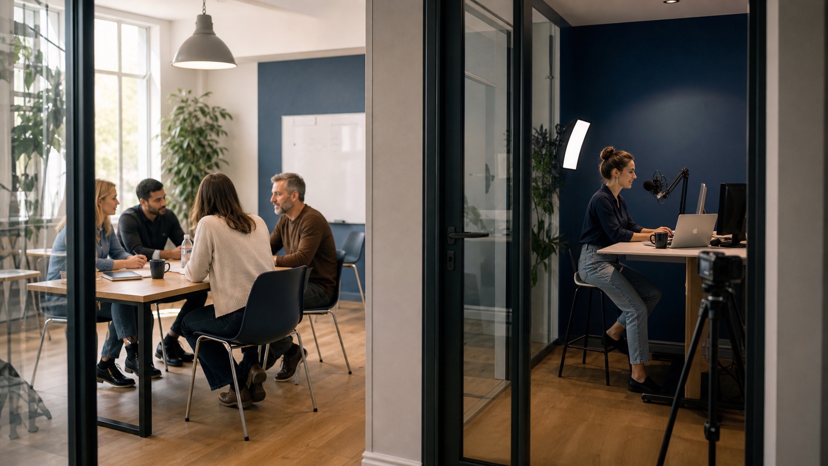 Connected adult classroom and online teaching studio inside the same academy