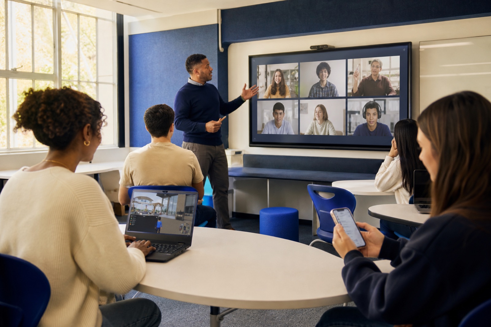 Teacher and learners taking part in a connected hybrid class