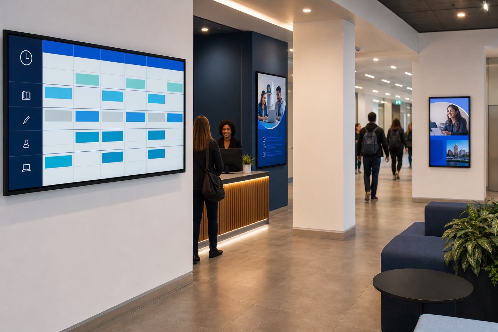 Digital signage screens showing academy schedules and announcements across a campus