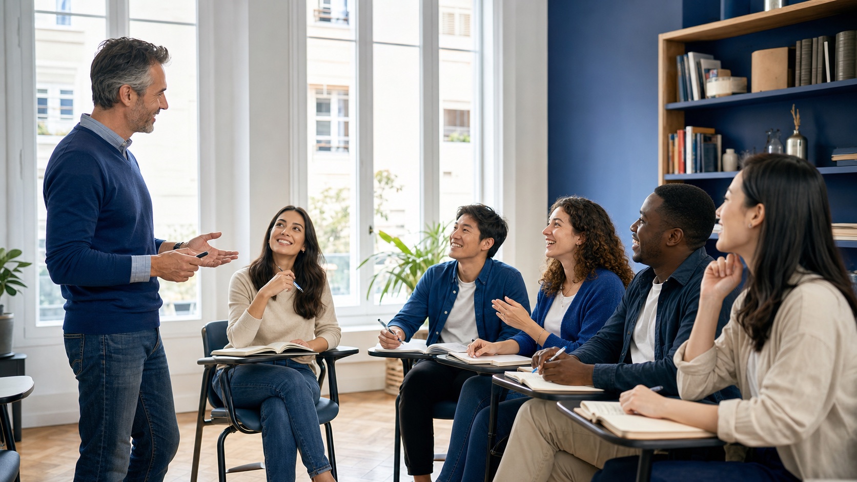 Adult learners in a collaborative language academy class