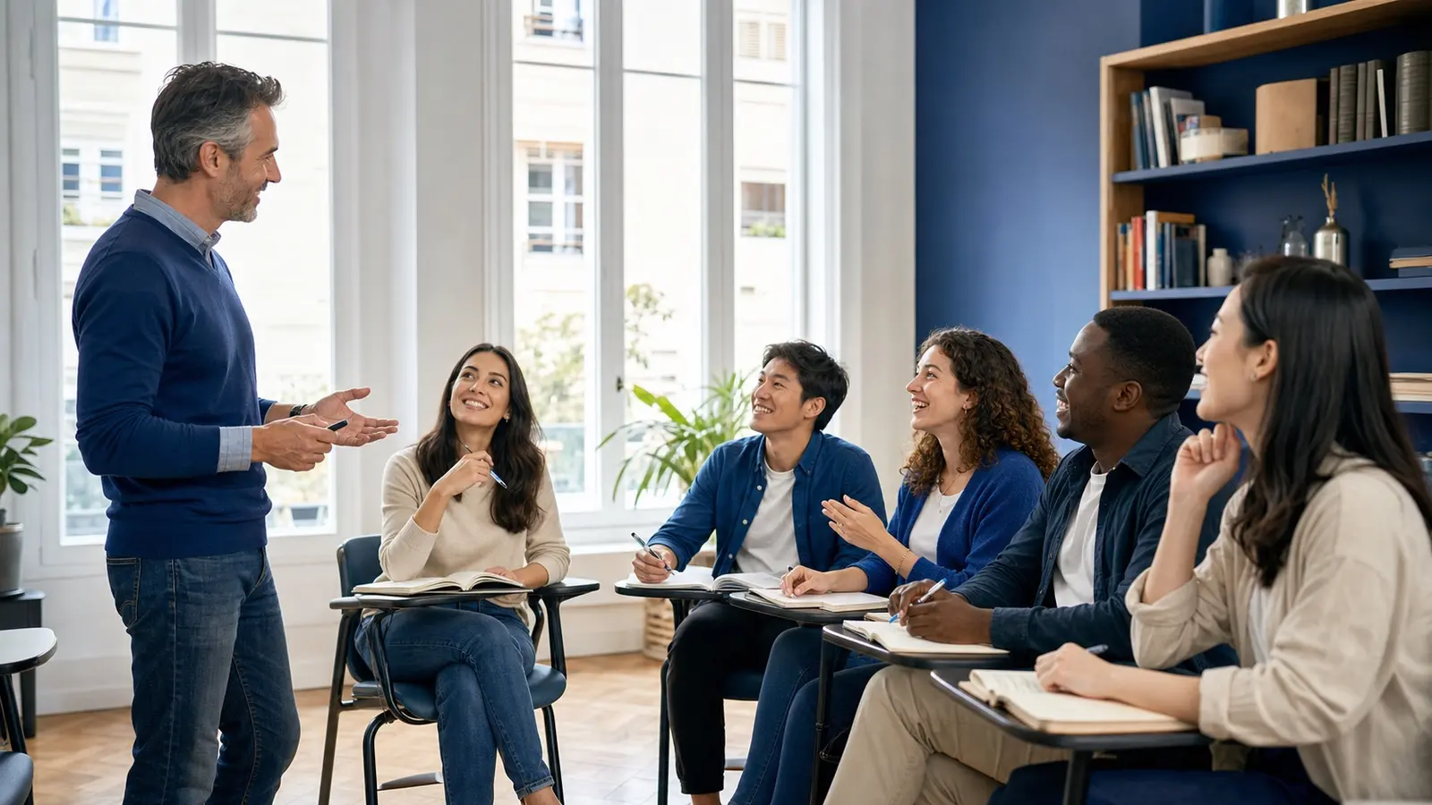 Adult learners in a collaborative language academy class
