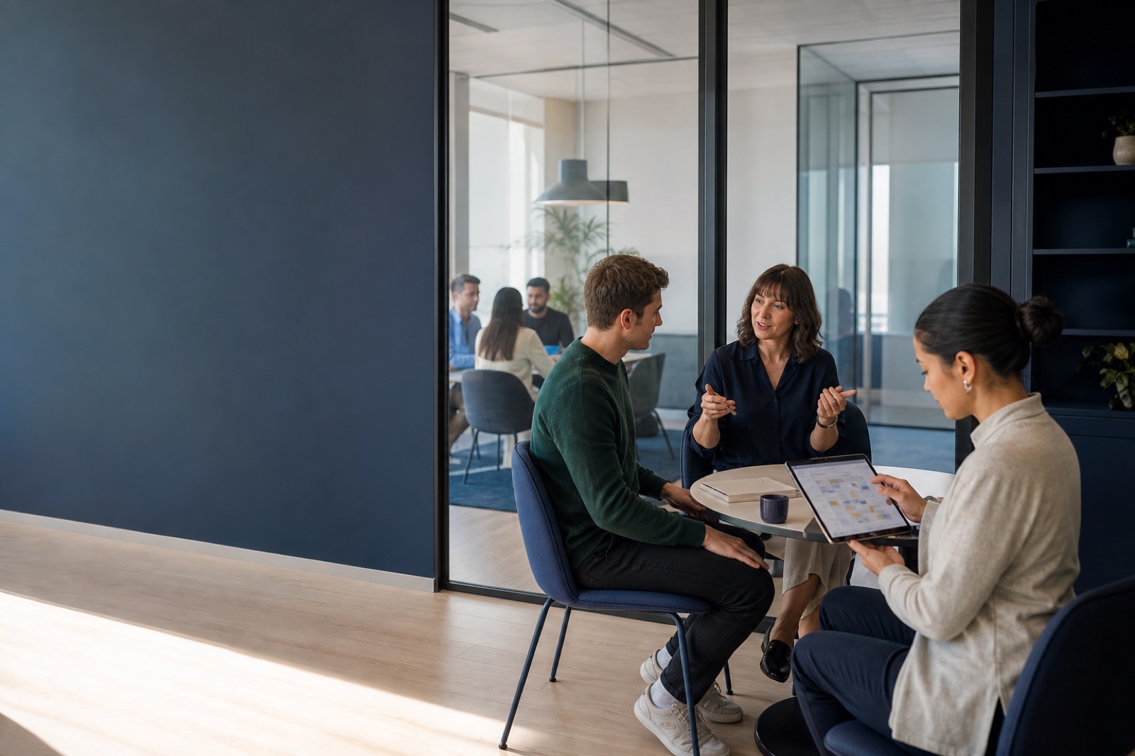 Language teacher conducting a placement interview while a coordinator reviews group schedules