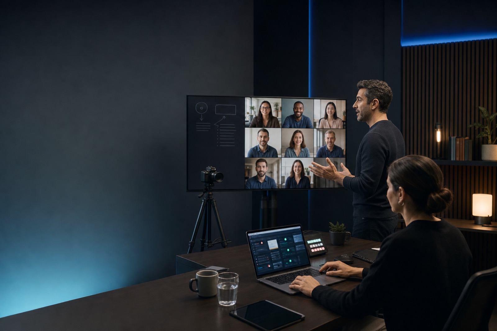 Educator and learning producer running a live online cohort session in a professional studio