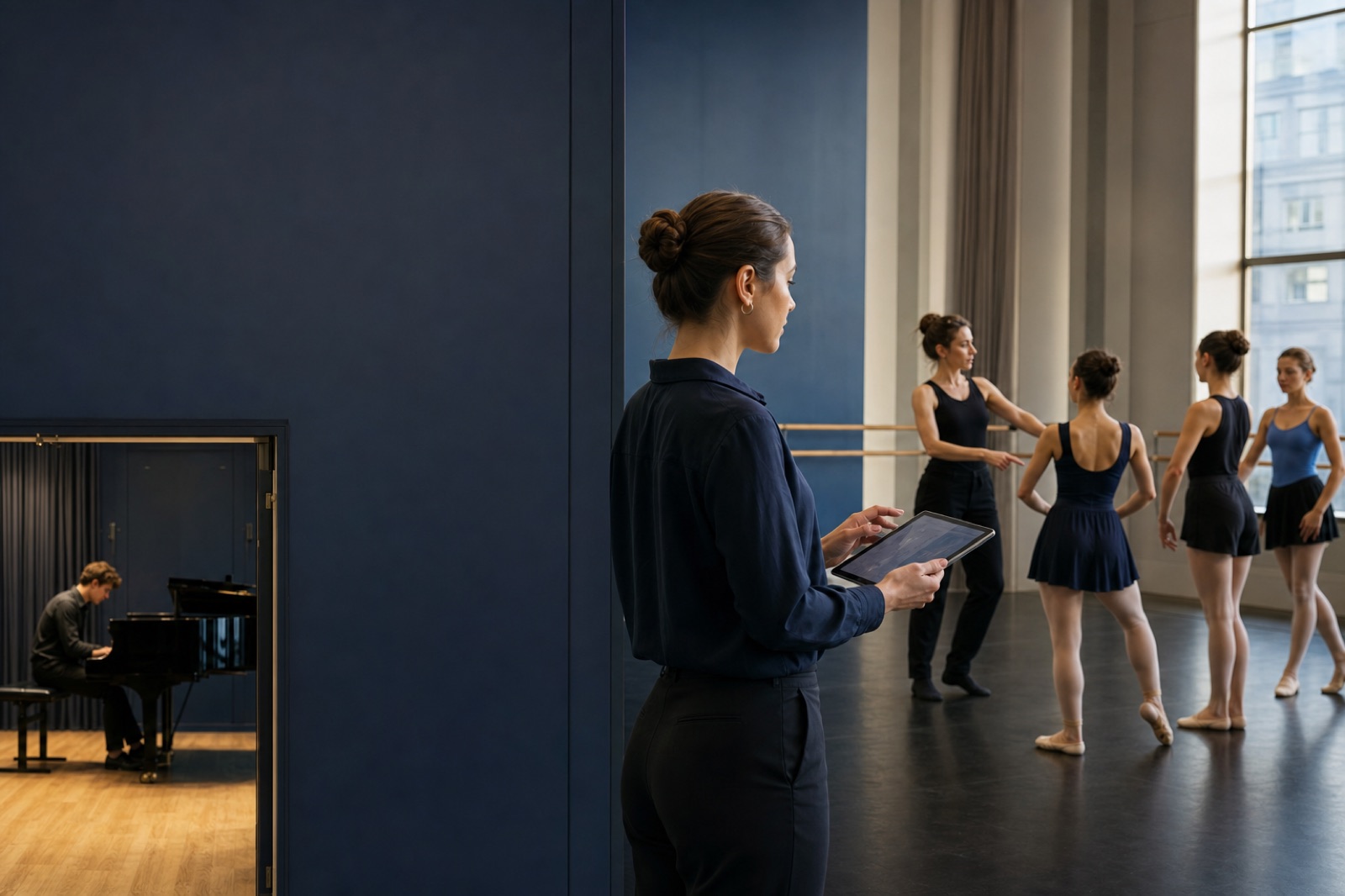 Performing arts coordinator planning shared studios while dance and piano sessions take place
