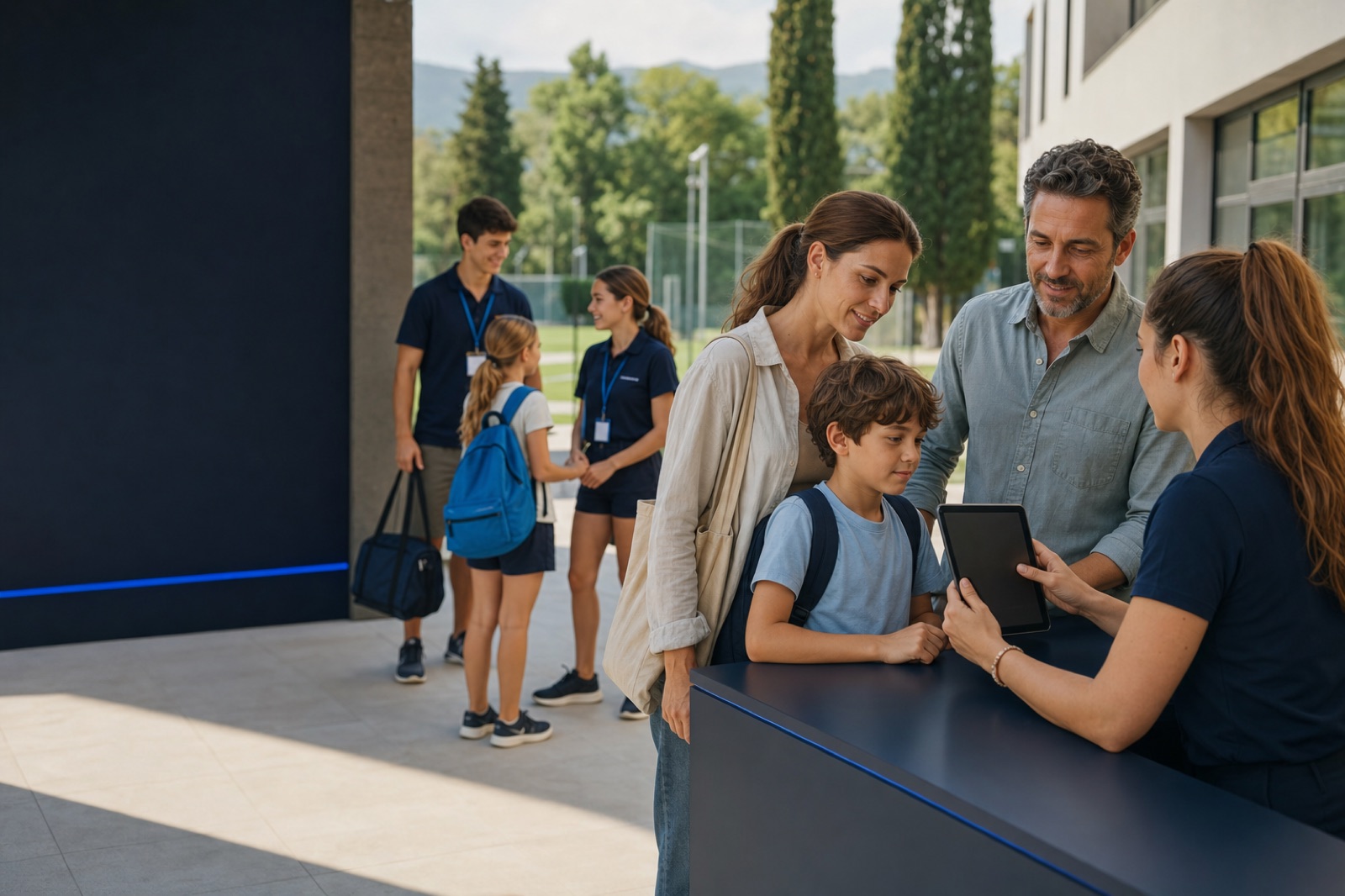 Family checking in a child at a seasonal camp with organised activity leaders nearby