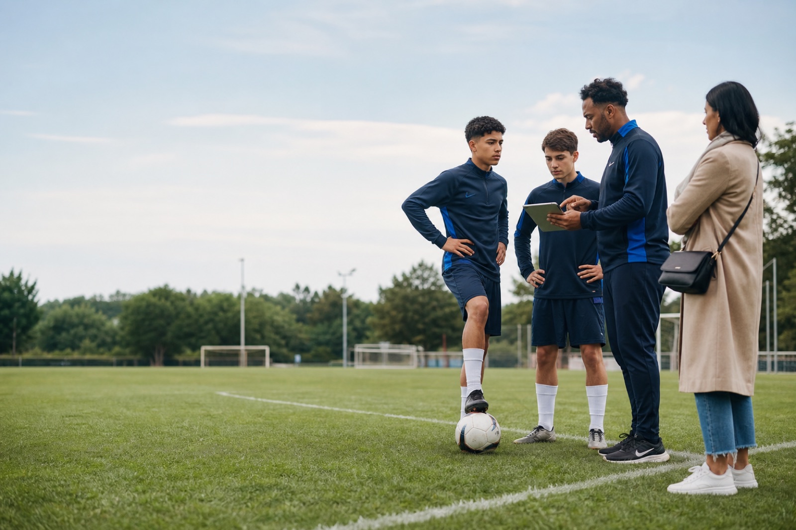 Coach assessing young athletes at a football trial with an academy coordinator and guardian